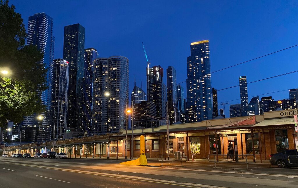 Melbourne's Victoria Street at night, beside Queen Victoria Market