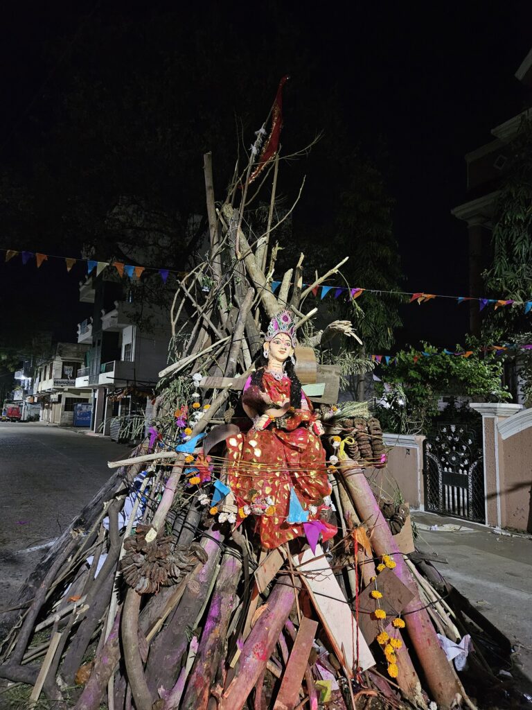 A Holika Dahan bonfire burning on the evening before Holi