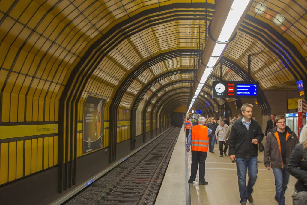 Crowds entering the Theresienwiese U-Bahn station during Oktoberfest