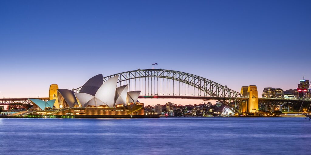The Sydney Opera House and Harbour Bridge at dusk