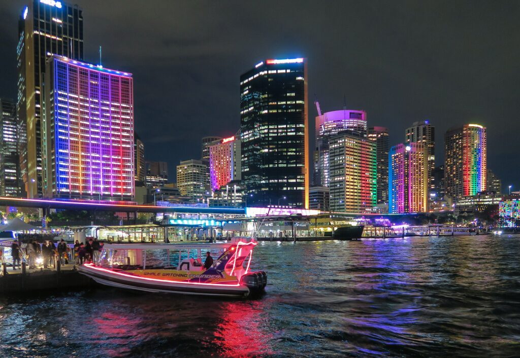 The Sydney skyline lit during Vivid Sydney