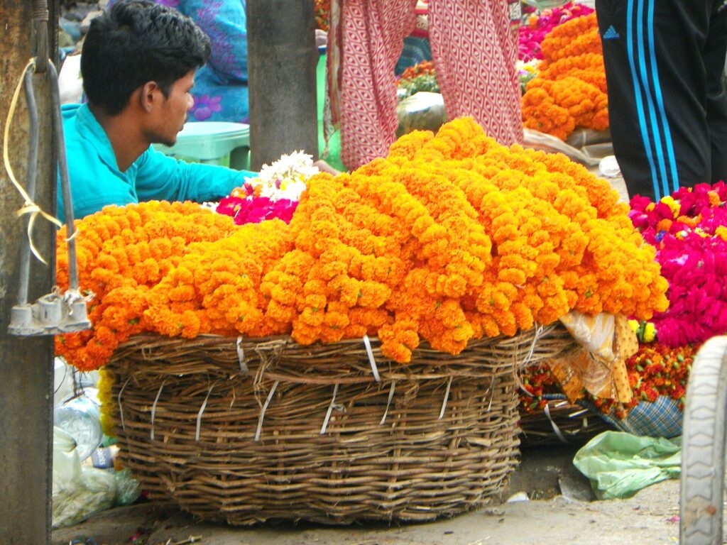 Marigolds, the flower central to Day of the Dead altars, at a market stall