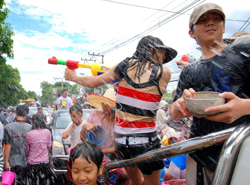 Songkran water fight along the old city moat in Chiang Mai